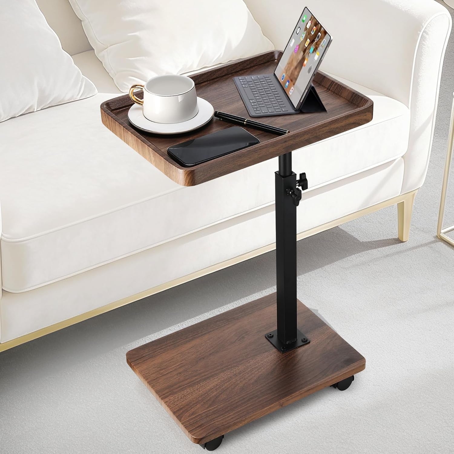 C Shaped End Table for Couch, Adjustable Height C Shaped Side Table